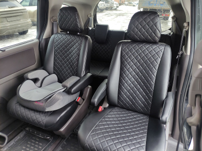 Чехлы на сиденья Honda Freed (GB5-GB8), 2016-2024, 6 мест, капитанские кресла, экокожа черная/ромб перфорация